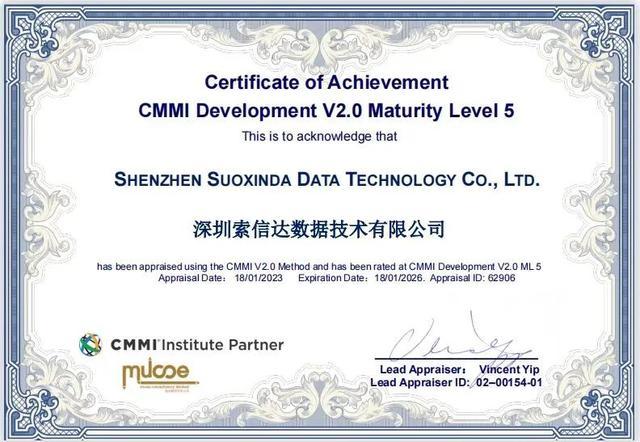 技术(简称"索信达")顺利通过cmmi 5级认证,并获颁评估证书