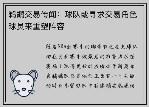 鹈鹕交易传闻：球队或寻求交易角色球员来重塑阵容